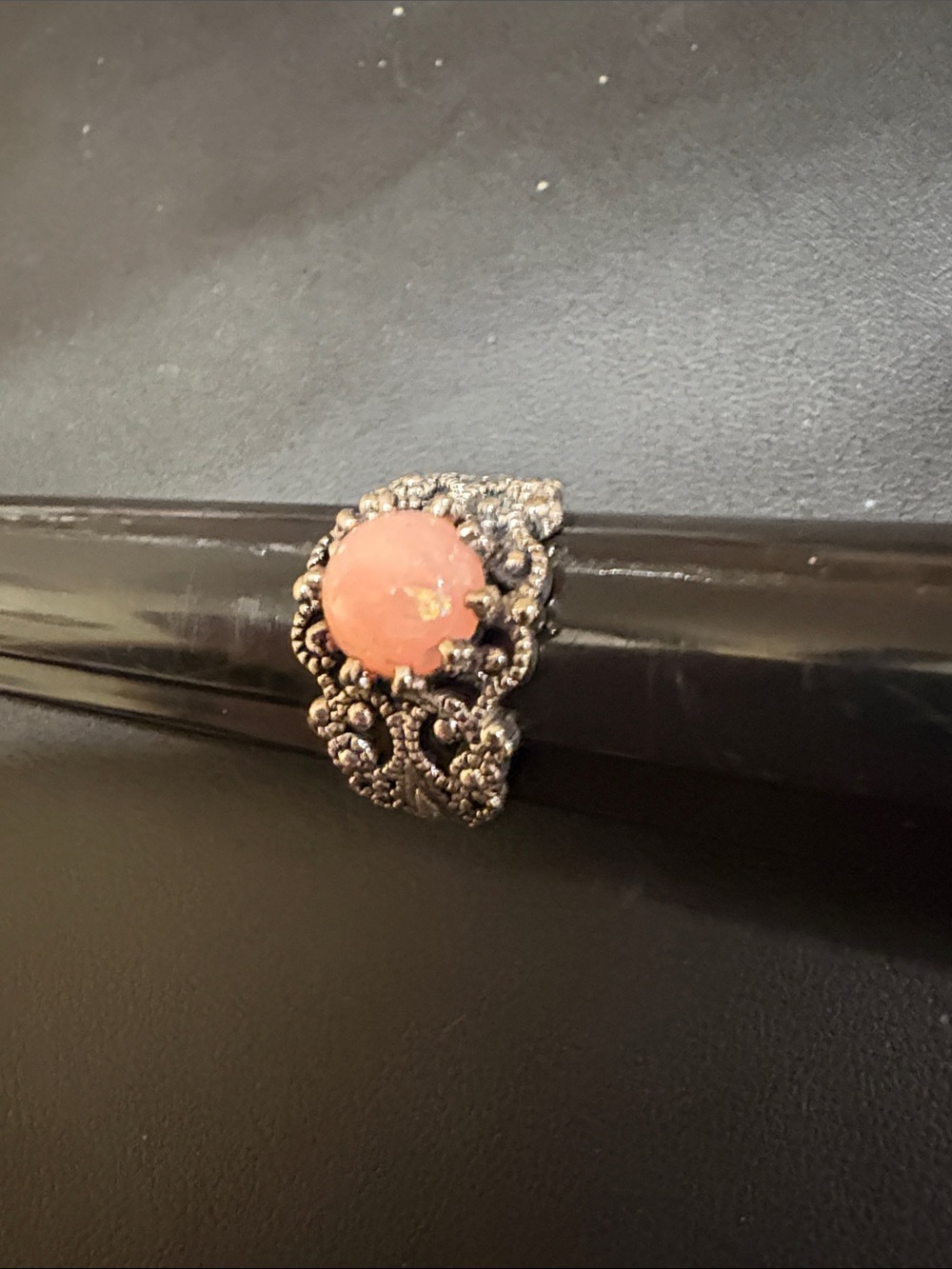 JTV Silver-Tone Filigree Ring with Peach Fire Opal Cabochon